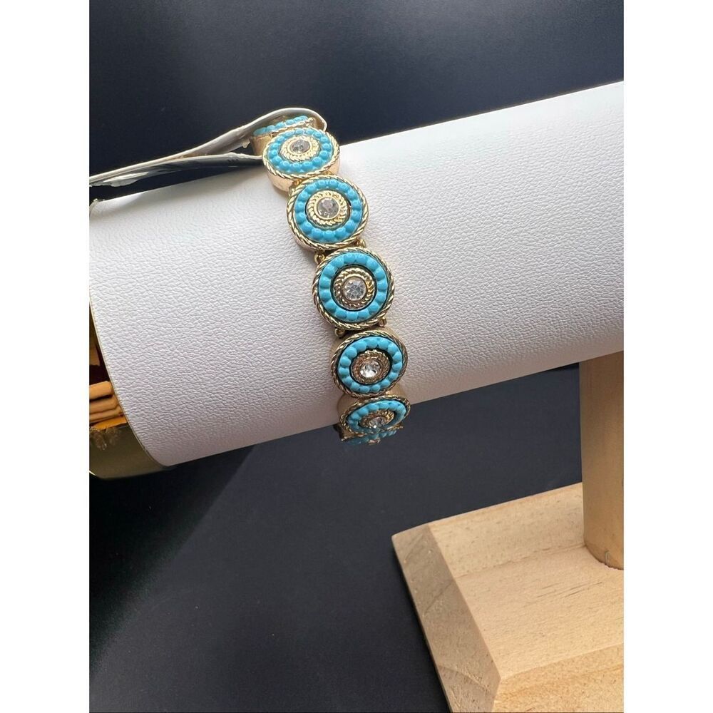 Tamina By Stella Gold Tone Light Blue Rhinestone Medallion Stretch Bracelet